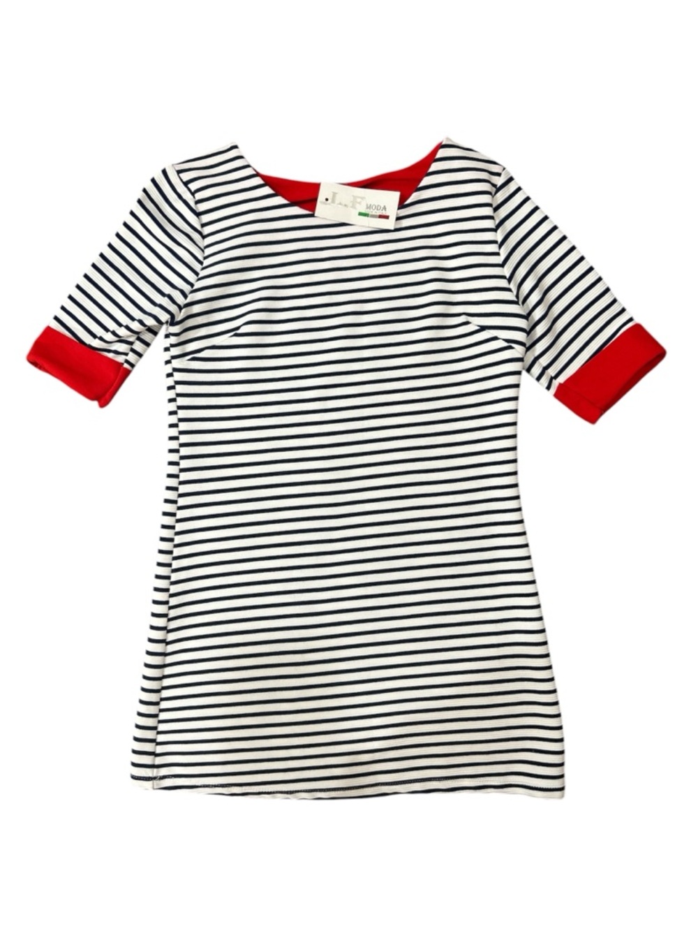 LF Moda Italian Striped Navy & White Tee Dress with Red Trim NWT size 3/4
